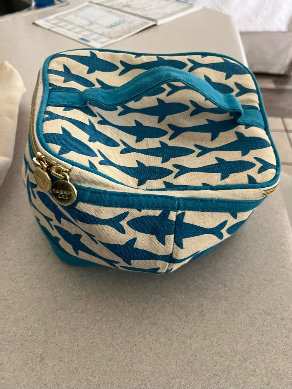 Dabney Lee Teal Shark-Print Canvas Cosmetic Case